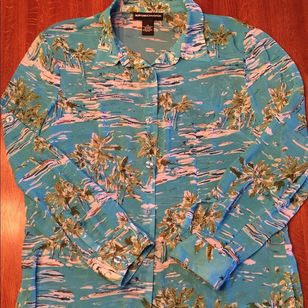 Blue Green Florida Flowy Resort Button-Up, Size 14